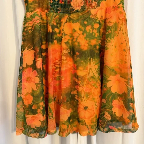 Urban Outfitters Audrey Mesh Floral Mini Dress Ruched Straps Size Large - Picture 7 of 10